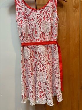 dressbarn Orange Lace Overlay Dress with White Lace Detail